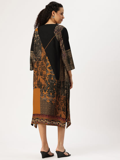 Yellow & Black Round Neck A-Line Midi Dress With Shrug