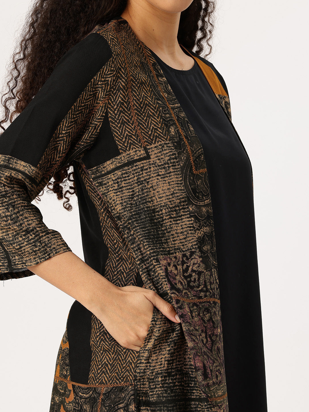 Yellow & Black Round Neck A-Line Midi Dress With Shrug