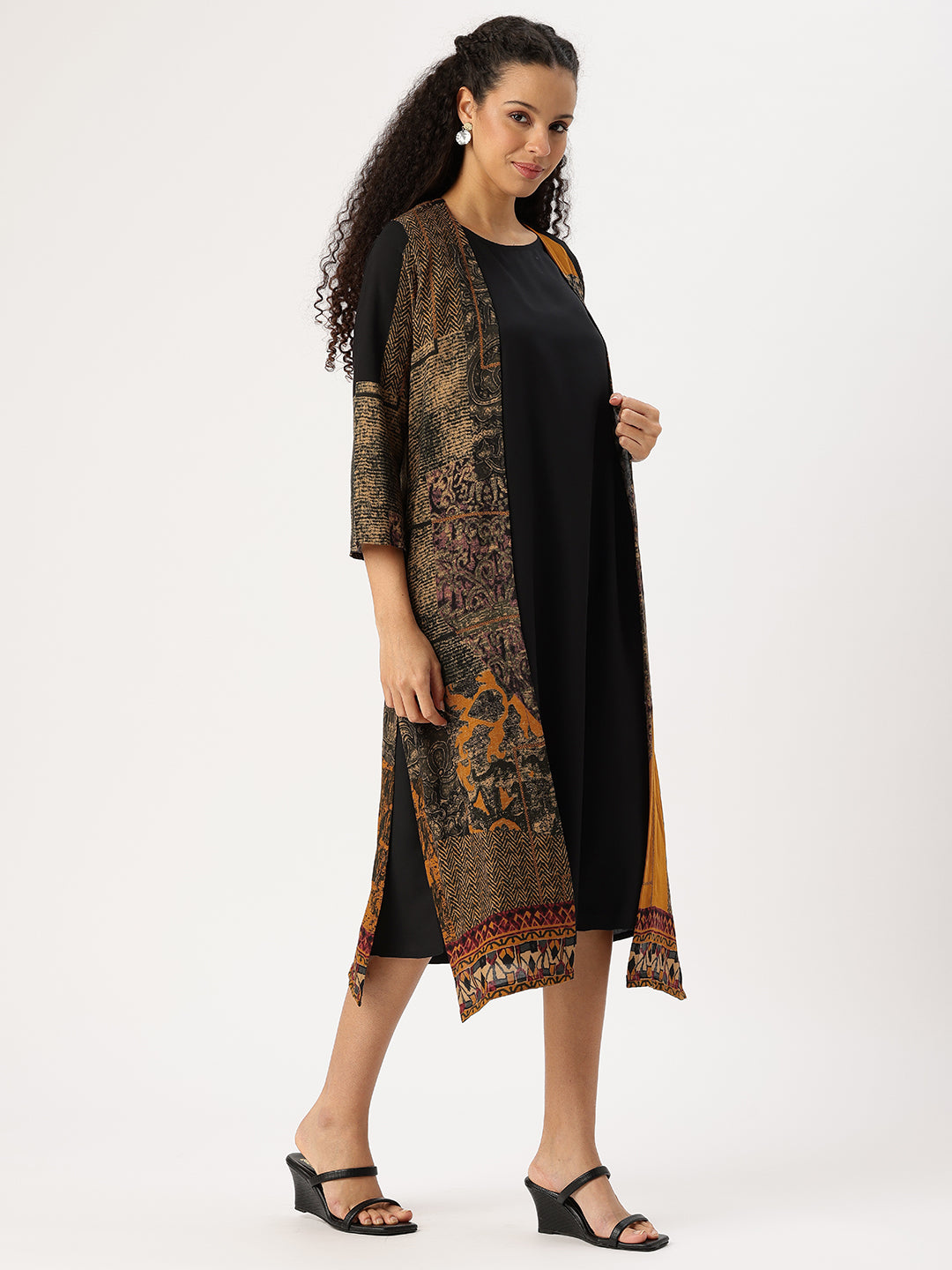 Yellow & Black Round Neck A-Line Midi Dress With Shrug