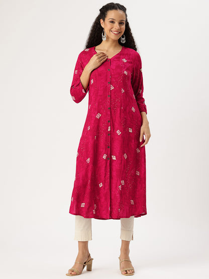 Red Printed V-Neck Kurta