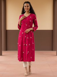 Red Printed V-Neck Kurta