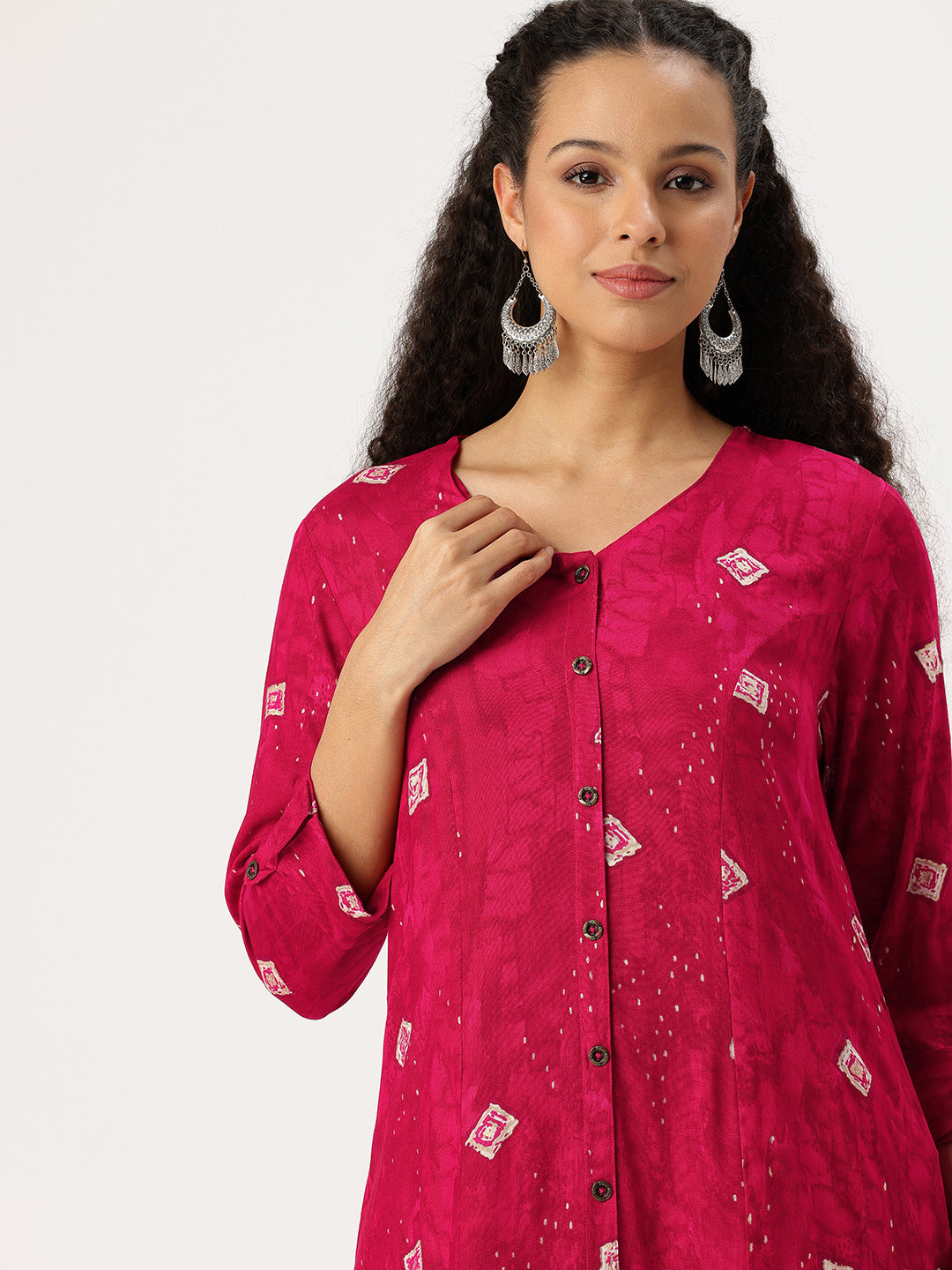 Red Printed V-Neck Kurta
