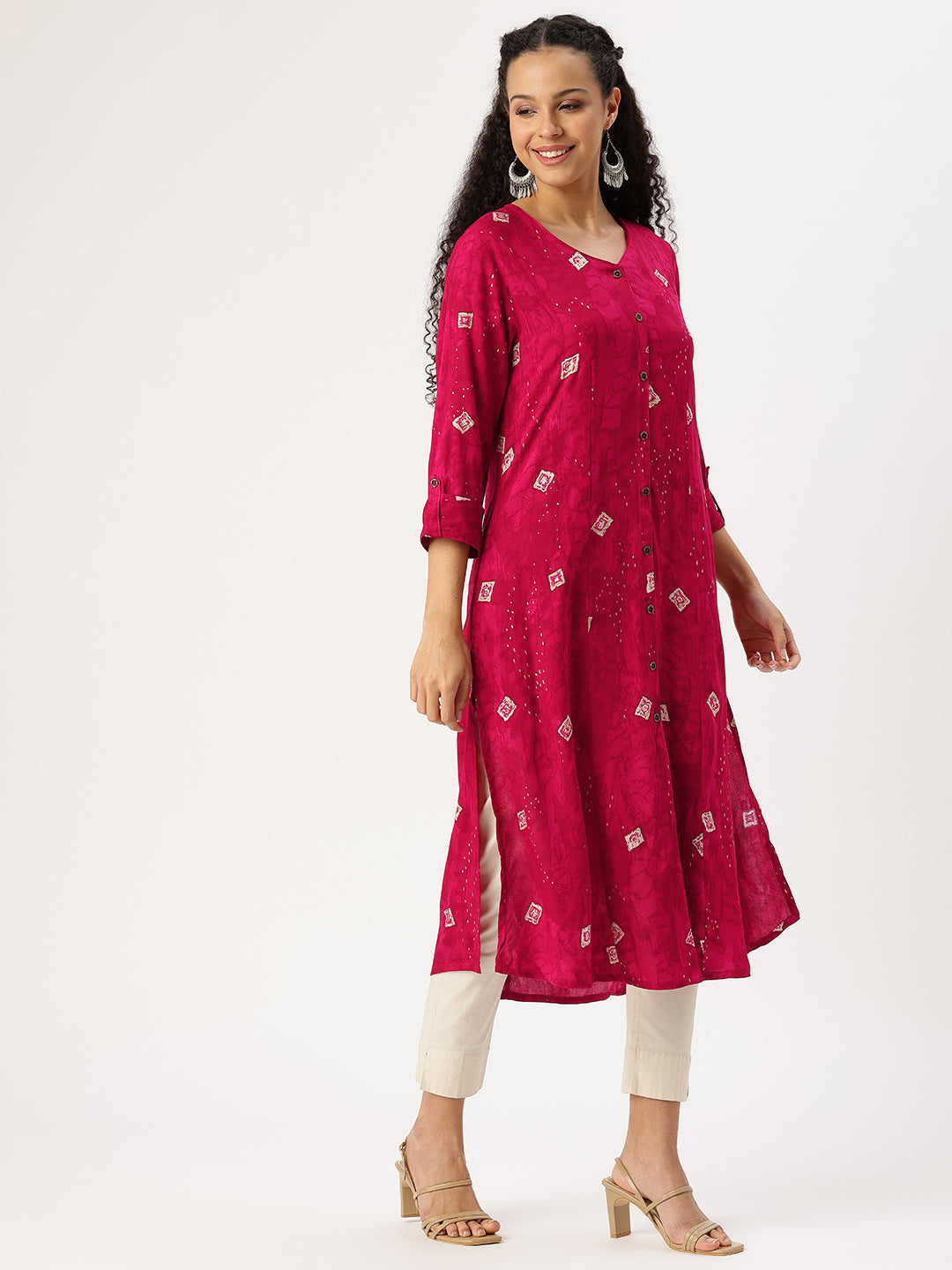 Red Printed V-Neck Kurta