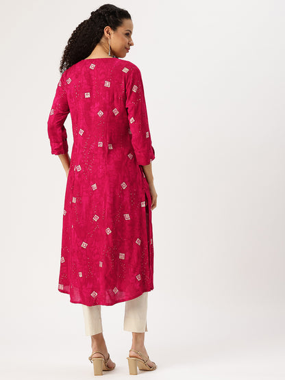 Red Printed V-Neck Kurta