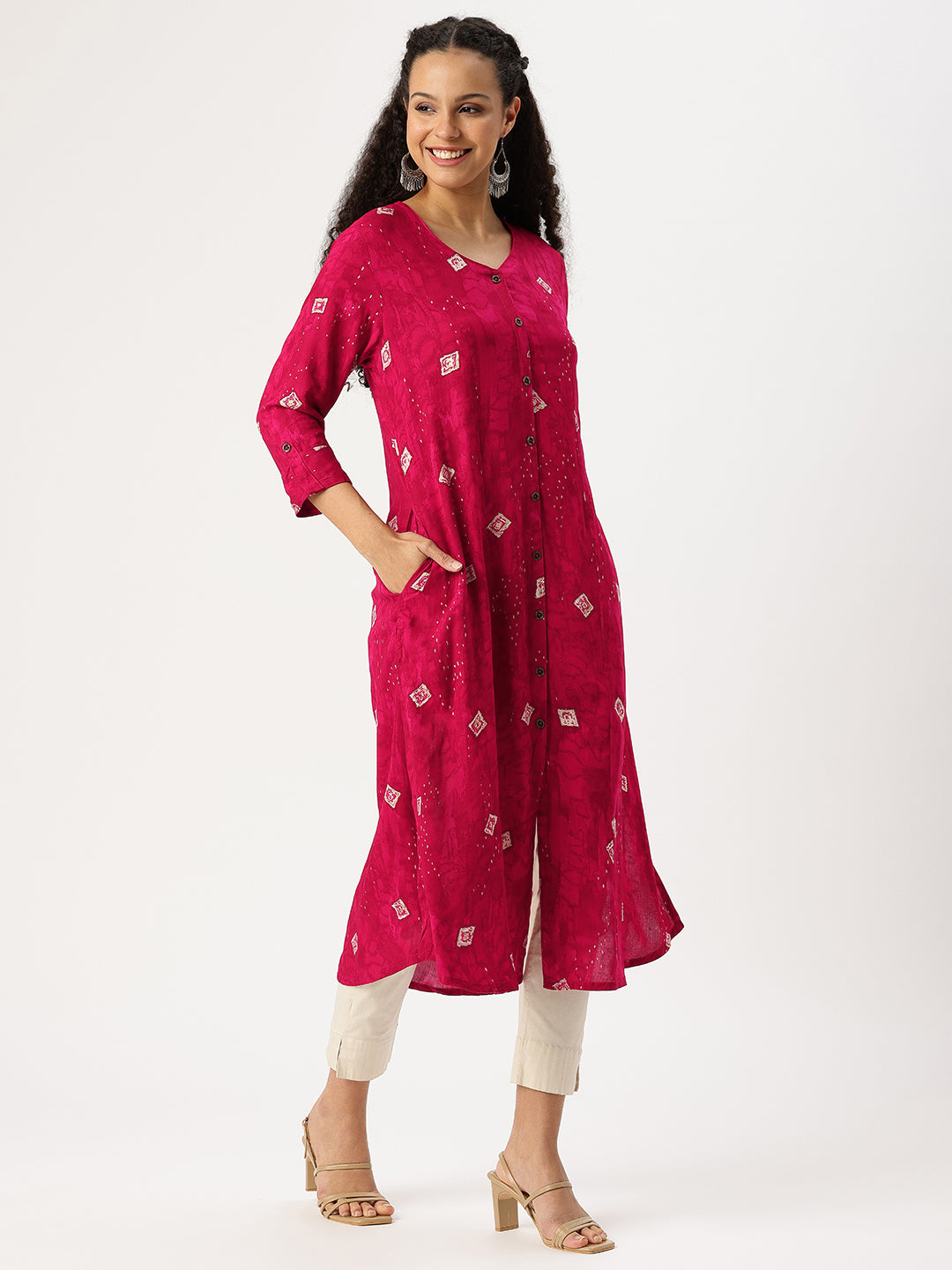 Red Printed V-Neck Kurta