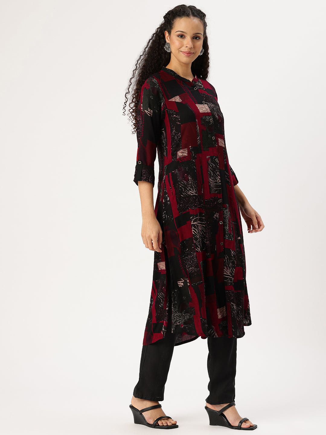 Woman wearing a patterned kurta with black pants on a white background, Red Geometric Printed Kurta, Office Wear Kurta, Black Printed kurta, Printed Kurta
