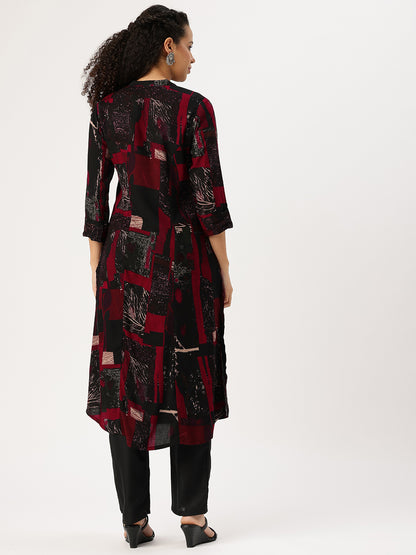 Woman wearing a patterned kurta with black pants on a white background, Red Geometric Printed Kurta, Office Wear Kurta, Black Printed kurta, Printed Kurta