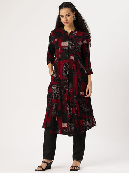 Woman wearing a patterned kurta with black pants on a white background, Red Geometric Printed Kurta, Office Wear Kurta, Black Printed kurta, Printed Kurta