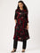 Woman wearing a patterned kurta with black pants on a white background, Red Geometric Printed Kurta, Office Wear Kurta, Black Printed kurta, Printed Kurta