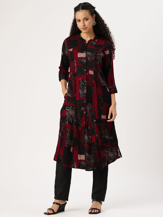 Woman wearing a patterned kurta with black pants on a white background, Red Geometric Printed Kurta, Office Wear Kurta, Black Printed kurta, Printed Kurta
