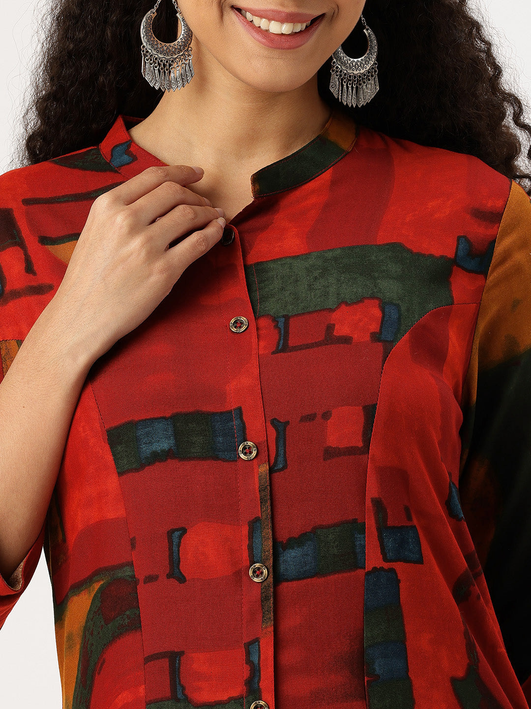 Woman wearing a red and black patterned kurta with white pants on a white background, Red Geometric Printed Kurta, Office Wear Kurta, Black Printed kurta, Printed Kurta