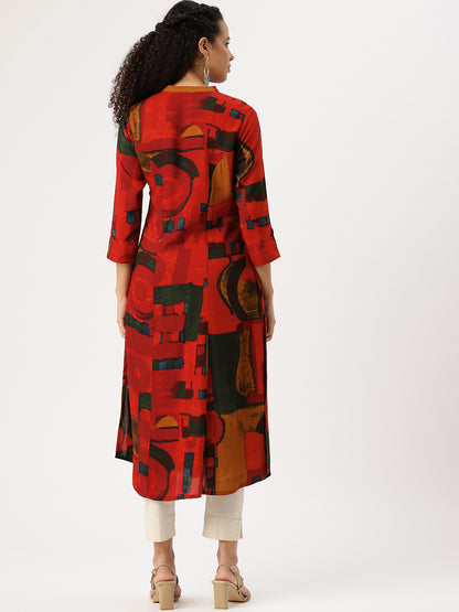 Woman wearing a red and black patterned kurta with white pants on a white background, Red Geometric Printed Kurta, Office Wear Kurta, Black Printed kurta, Printed Kurta
