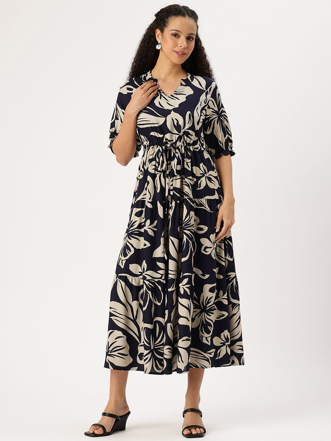 Blue Floral Printed Midi Dress