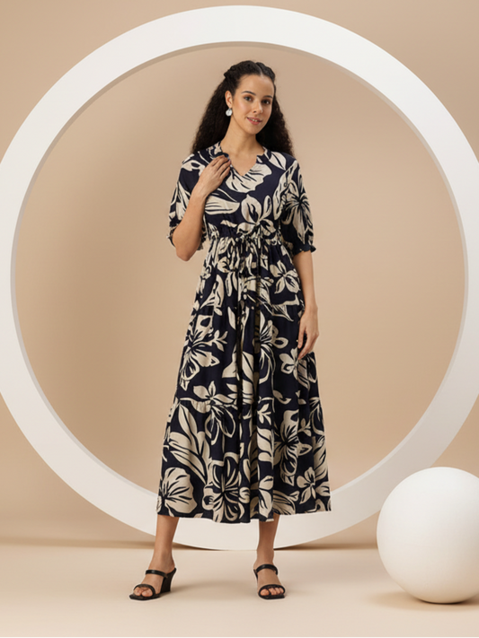 Blue Floral Printed Midi Dress