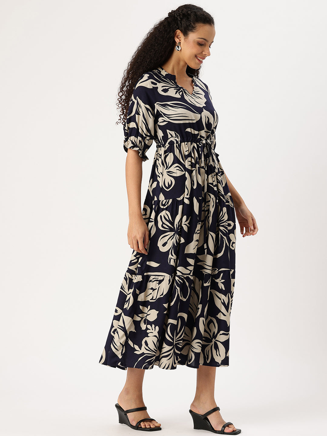 Blue Floral Printed Midi Dress