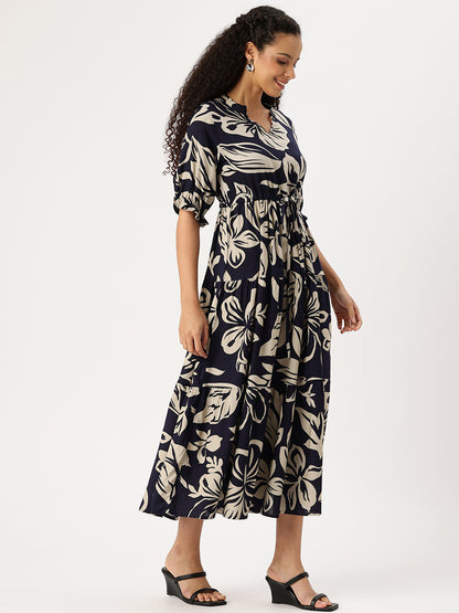Blue Floral Printed Midi Dress