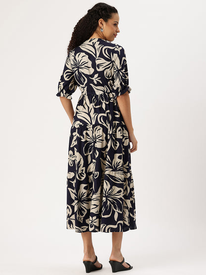 Blue Floral Printed Midi Dress