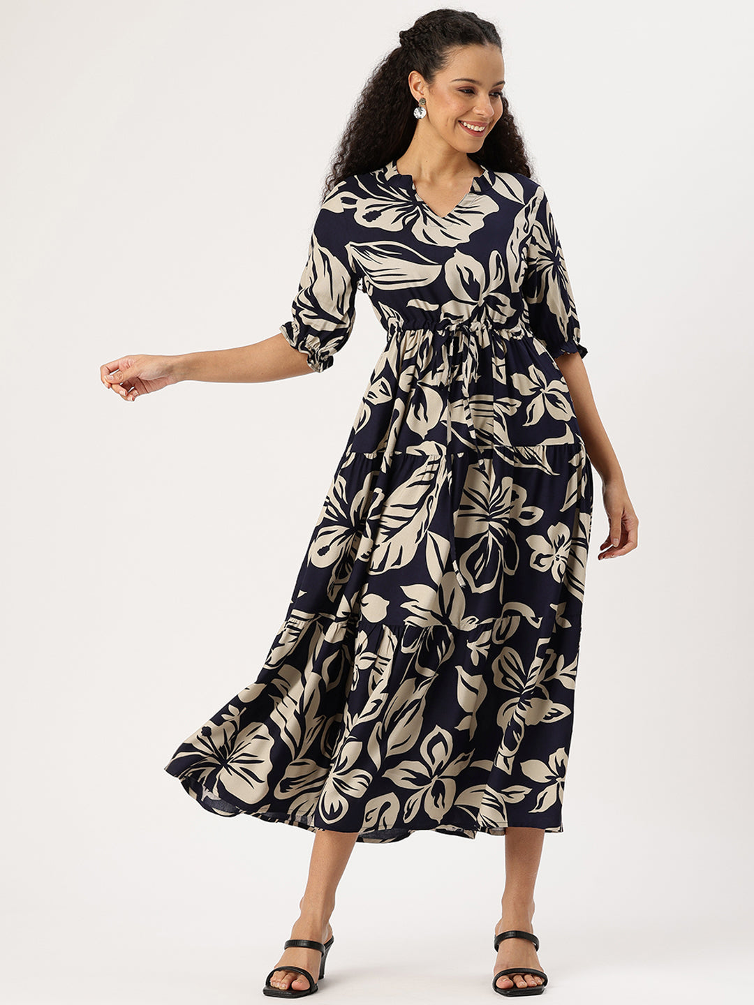 Blue Floral Printed Midi Dress