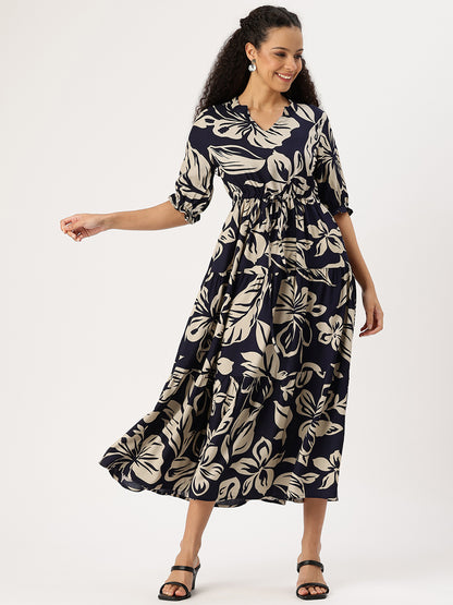 Blue Floral Printed Midi Dress