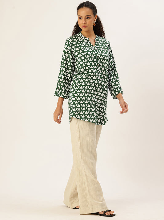 Green Viscose Rayon Mandarin Collar Printed Tunic, green tunic, printed tunic, mandarin collar tunic, viscose rayon tunic, Womens tunic top, ethnic tunic, Indian wear, casual wear, office wear