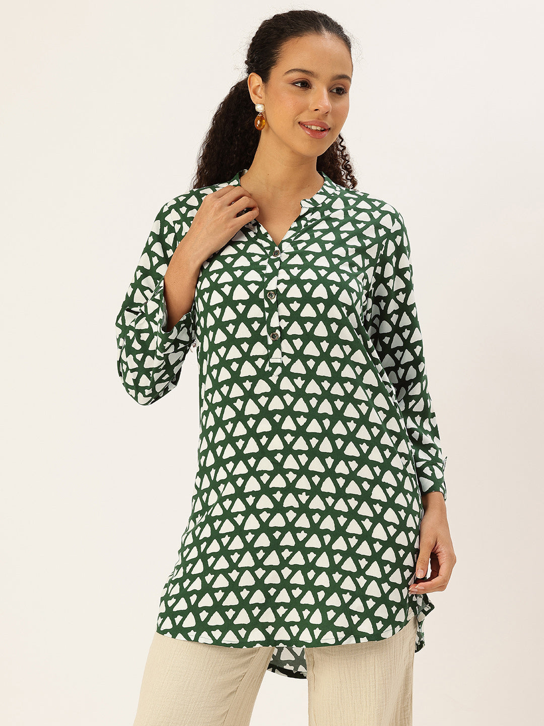 Green Viscose Rayon Mandarin Collar Printed Tunic, green tunic, printed tunic, mandarin collar tunic, viscose rayon tunic, Womens tunic top, ethnic tunic, Indian wear, casual wear, office wear