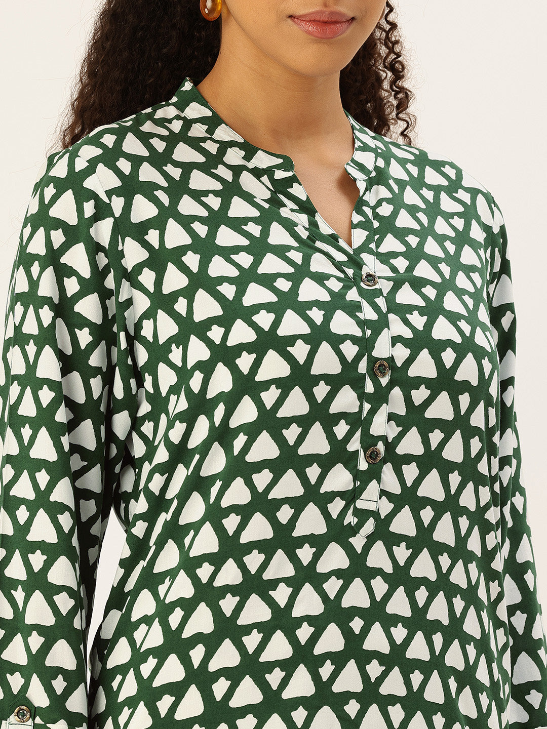Green Viscose Rayon Mandarin Collar Printed Tunic, green tunic, printed tunic, mandarin collar tunic, viscose rayon tunic, Womens tunic top, ethnic tunic, Indian wear, casual wear, office wear