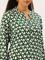 Green Viscose Rayon Mandarin Collar Printed Tunic