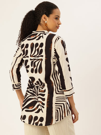 Beige Viscose Rayon Mandarin Collar Printed Tunic, beige tunic, printed tunic, mandarin collar tunic, viscose rayon tunic, Womens tunic top, ethnic tunic, Indian wear, casual wear, office wear, summer wear, printed ethnic wear, beige ethnic top