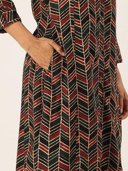 Red Geometric Printed A Line Kurta, red kurta, A-line kurta, geometric print kurta, printed kurta, Womens ethnic wear, Indian ethnic wear, casual kurta, festive kurta, daily wear kurta