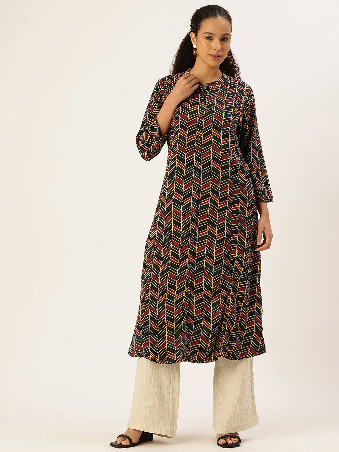 Red Geometric Printed A Line Kurta, red kurta, A-line kurta, geometric print kurta, printed kurta, Womens ethnic wear, Indian ethnic wear, casual kurta, festive kurta, daily wear kurta