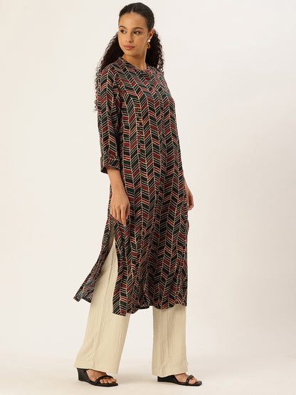 Red Geometric Printed A Line Kurta, red kurta, A-line kurta, geometric print kurta, printed kurta, Womens ethnic wear, Indian ethnic wear, casual kurta, festive kurta, daily wear kurta