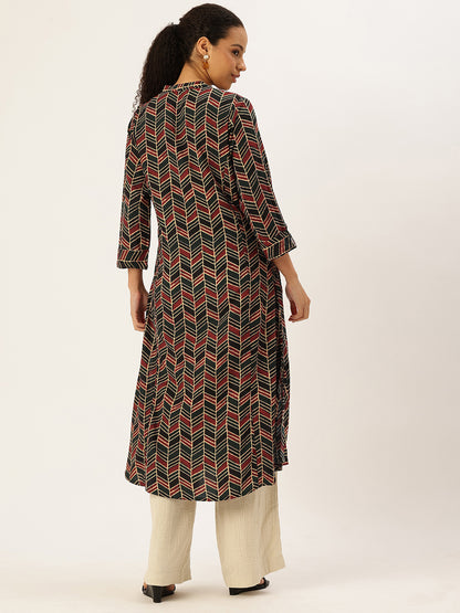 Red Geometric Printed A Line Kurta, red kurta, A-line kurta, geometric print kurta, printed kurta, Womens ethnic wear, Indian ethnic wear, casual kurta, festive kurta, daily wear kurta