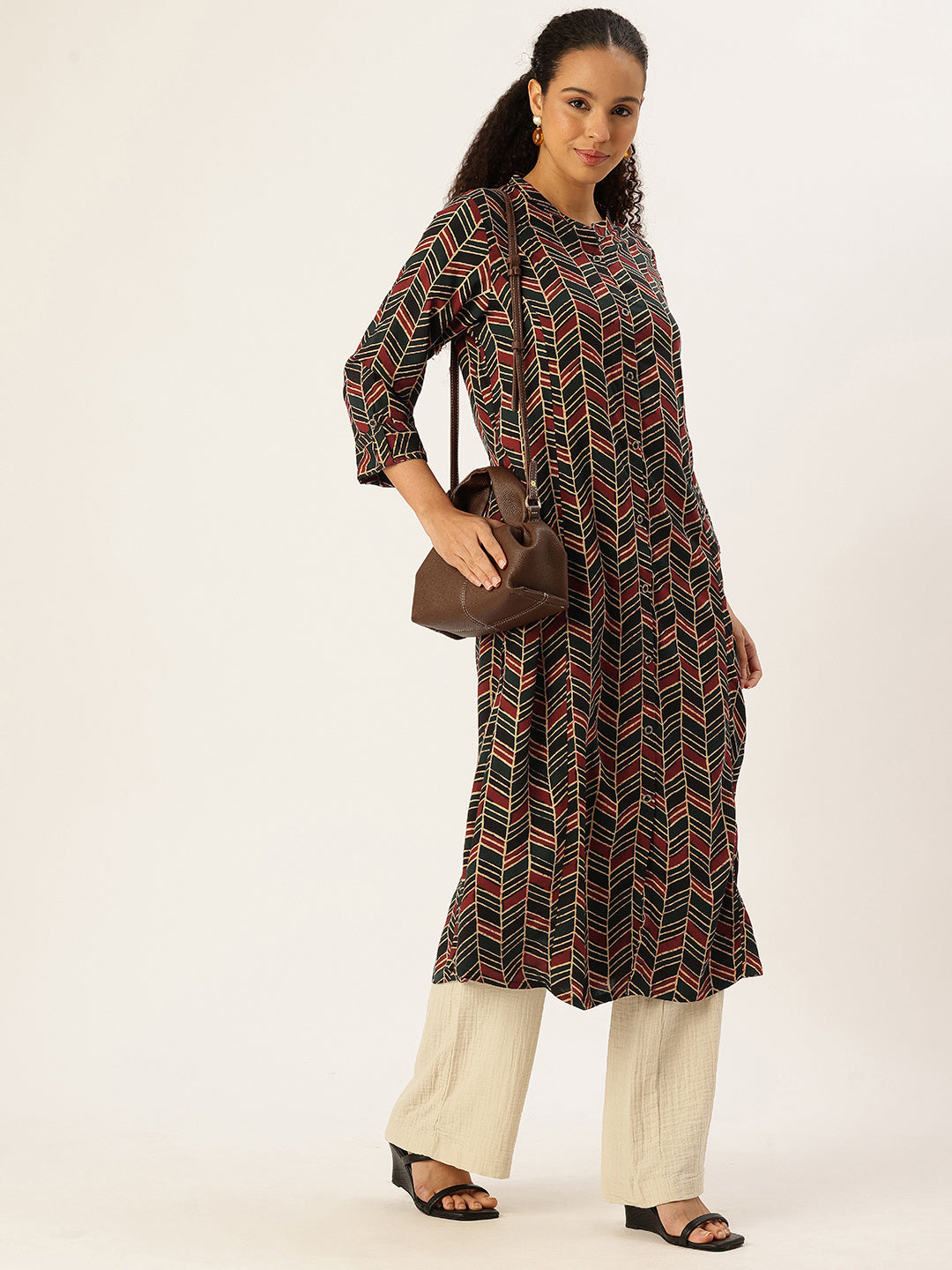 Red Geometric Printed A Line Kurta, red kurta, A-line kurta, geometric print kurta, printed kurta, Womens ethnic wear, Indian ethnic wear, casual kurta, festive kurta, daily wear kurta