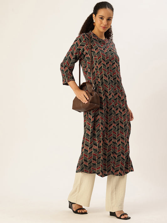 Red Geometric Printed A Line Kurta, red kurta, A-line kurta, geometric print kurta, printed kurta, Womens ethnic wear, Indian ethnic wear, casual kurta, festive kurta, daily wear kurta