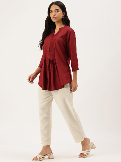 Red Mandarin Collar Tucks Detail Tunic