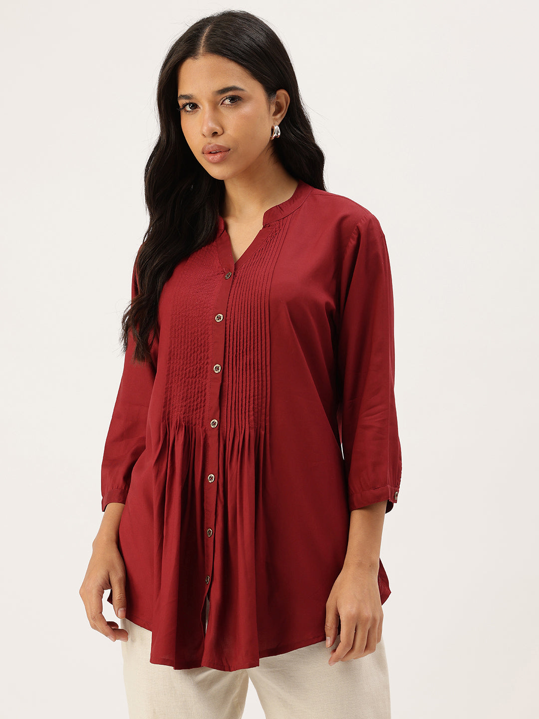 Red Mandarin Collar Tucks Detail Tunic