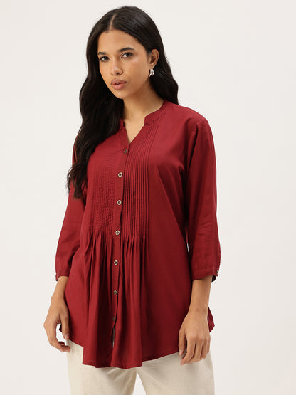 Red Mandarin Collar Tucks Detail Tunic