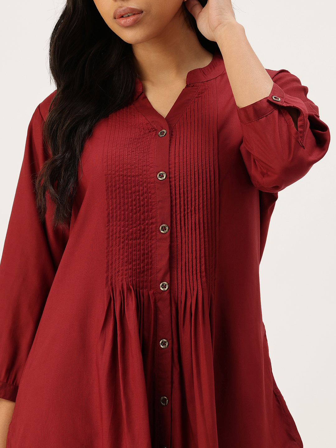 Red Mandarin Collar Tucks Detail Tunic