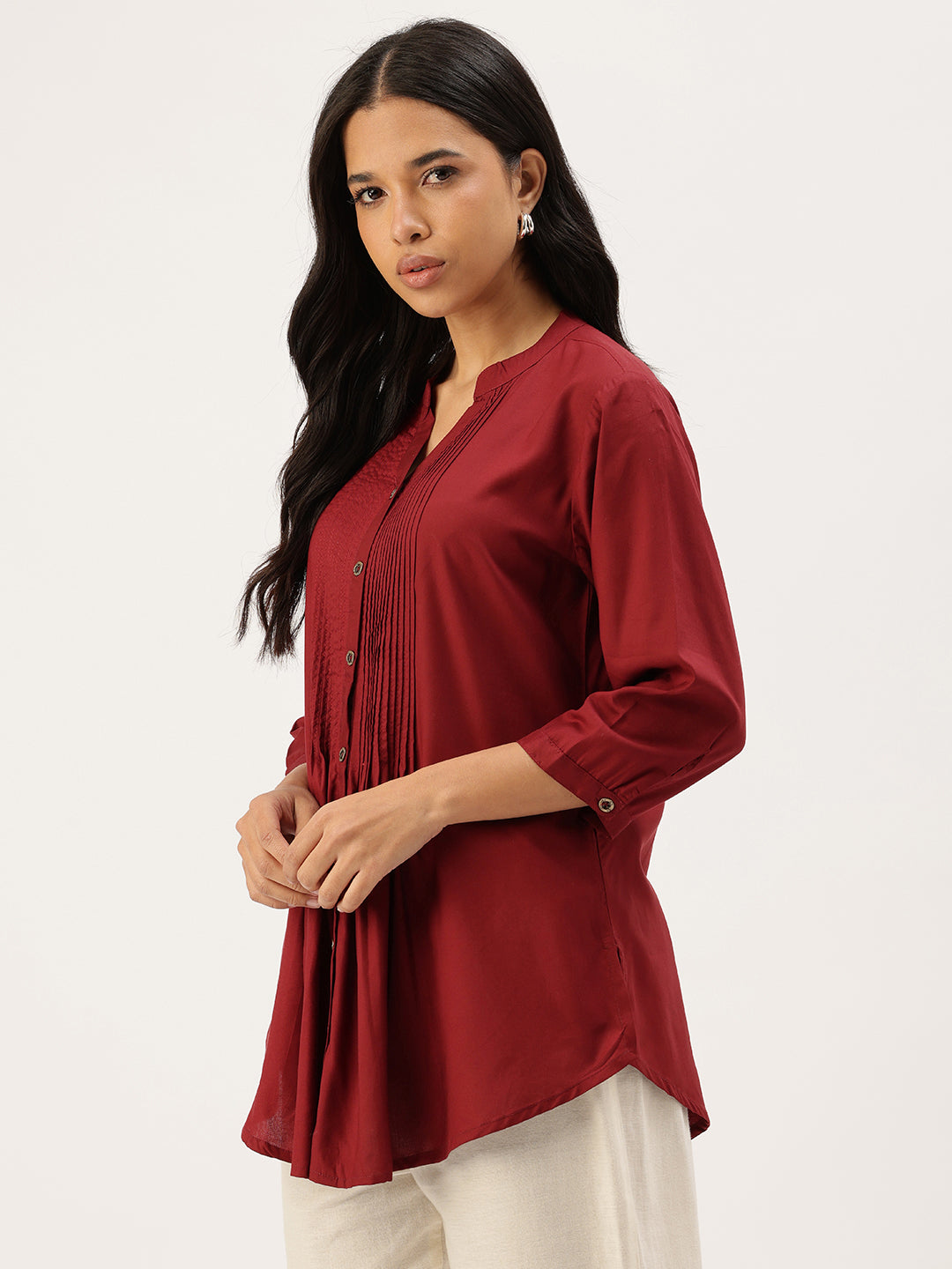 Red Mandarin Collar Tucks Detail Tunic