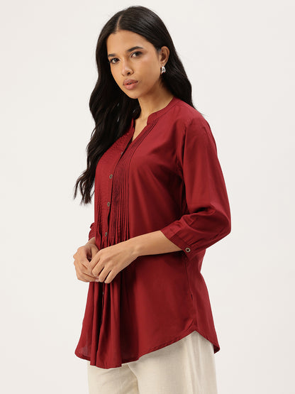 Red Mandarin Collar Tucks Detail Tunic