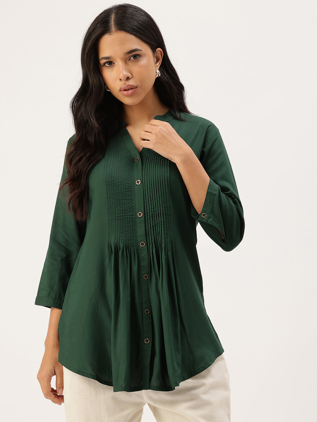 Green Mandarin Collar Tucks Detail Tunic
