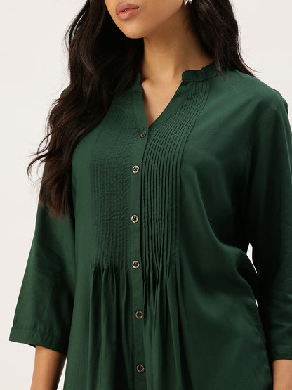 Green Mandarin Collar Tucks Detail Tunic