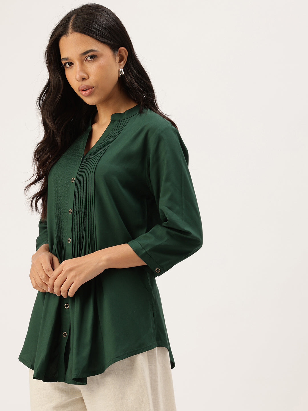 Green Mandarin Collar Tucks Detail Tunic