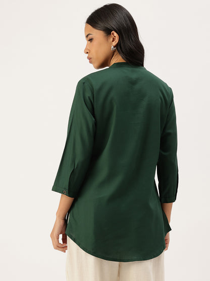 Green Mandarin Collar Tucks Detail Tunic