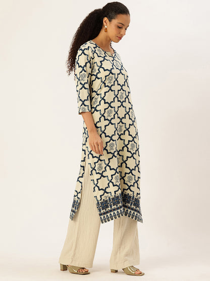 Blue Printed Straight Kurta, blue kurta, printed kurta, straight kurta, Womens ethnic wear, Indian ethnic wear, casual kurta, daily wear kurta, office wear kurta, stylish kurta