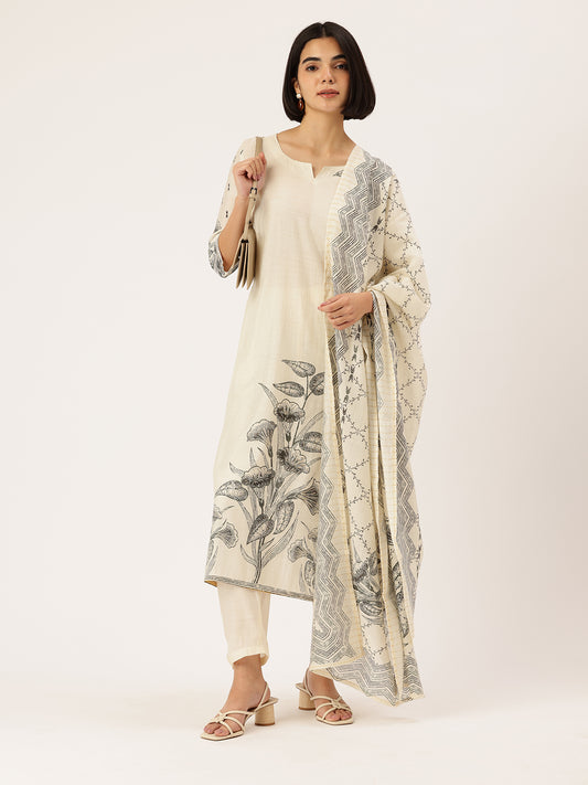 White Floral Printed Kurta & Trousers With Dupatta, White kurta set, floral printed kurta set, kurta trouser dupatta set, women ethnic wear kurta set, printed kurta set for women, white floral kurta set, Indian ethnic wear kurta set, traditional wear kurta set