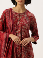 Red Floral Printed Kurta with Trousers & With Dupatta