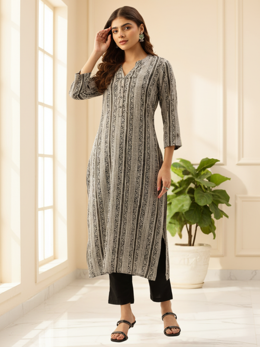 Beige & Black Ethnic Motifs Printed Kurta