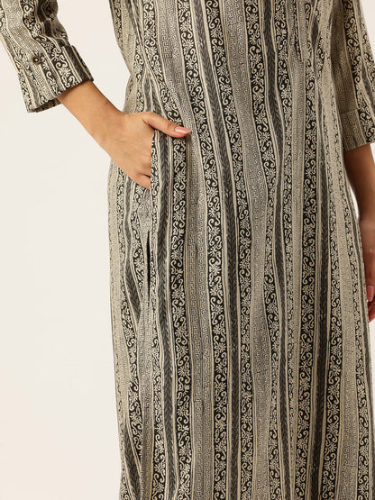 Beige & Black Ethnic Motifs Printed Kurta