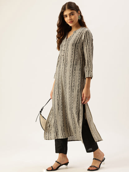 Beige & Black Ethnic Motifs Printed Kurta